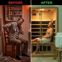 1 Person Extendable FAR Infrared Sauna for Home, Hemlock Wood Low EMF 6 Carbon Heaters Indoor Saunas with LED Lights, Bluetooth Speaker, Digital Control Panel, and Seating Bench — Before & After