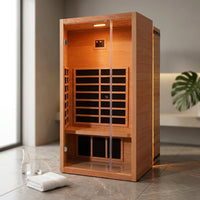 1 Person Extendable FAR Infrared Sauna for Home, Hemlock Wood Low EMF 6 Carbon Heaters Indoor Saunas with LED Lights, Bluetooth Speaker, Digital Control Panel, and Seating Bench — Studio Shot