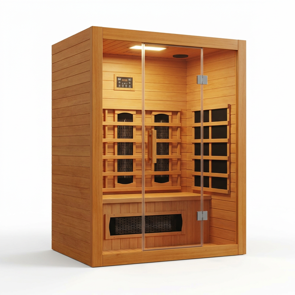 1 Person Extendable FAR Infrared Sauna for Home, Hemlock Wood Low EMF 6 Carbon Heaters Indoor Saunas with LED Lights, Bluetooth Speaker, Digital Control Panel, and Seating Bench — Studio Shot