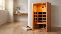 1 Person Extendable FAR Infrared Sauna for Home, Hemlock Wood Low EMF 6 Carbon Heaters Indoor Saunas with LED Lights, Bluetooth Speaker, Digital Control Panel, and Seating Bench — Lifestyle