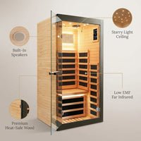 Infrared Sauna 1 Person Far Infrared Sauna Low EMF Indoor Sauna with Starry Light Ceiling Speakers Personal Dry Sauna for Home Gym Spa Fast Heating Easy Assembly 30.7X 30.7X62.2 — infographic